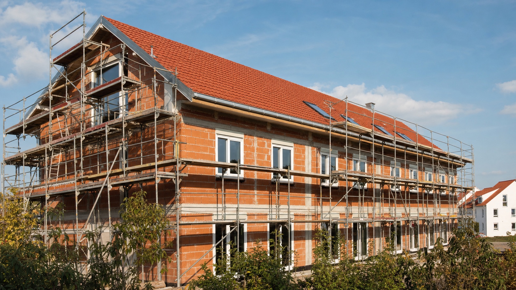 Mehrfamilienhaus im Bau mit rotem Mauerwerk, Ziegeldach und Baugerüst